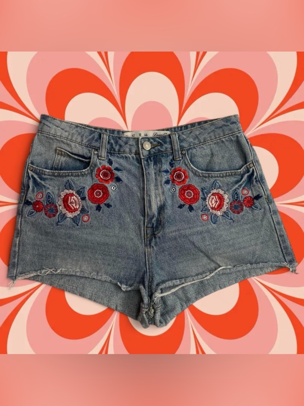 Denim Embroidered Floral Women’s Shorts - Red Floral